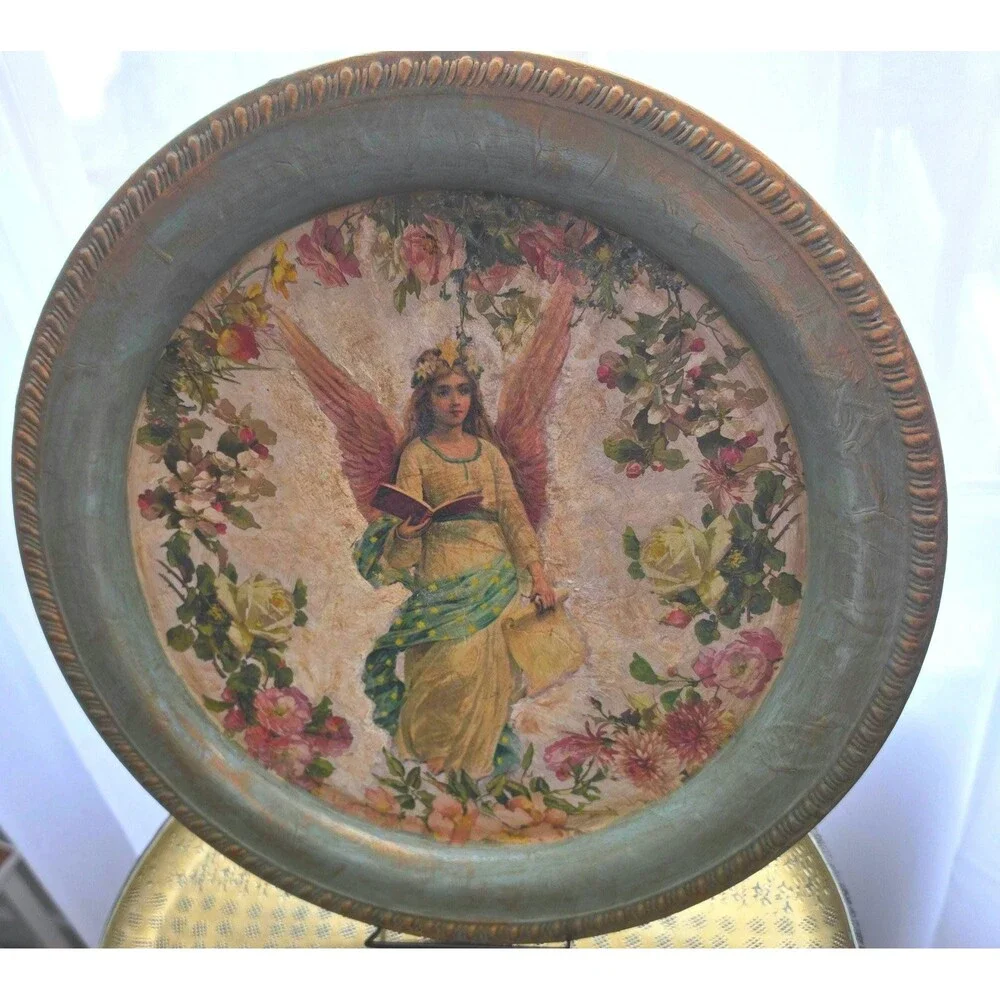Upcycled 15 Inch Round Metal Tray with Vintage Angel & Floral Decoupage